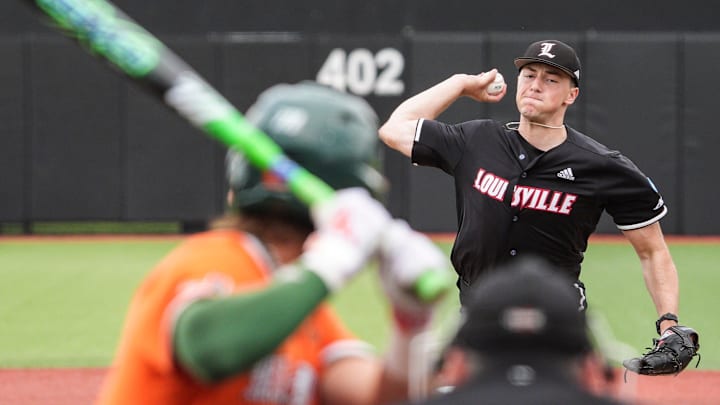 Louisville pitcher Patrick Forbes (1) throws a pitch towards Miami infielder Jake Ogden (4) in the first inning in the NCAA baseball Super Regional game Friday afternoon at Jim Patterson Stadium in Louisville, Kentucky. June 6, 2025 Louisville pitcher Patrick Forbes (1) throws a pitch towards Miami infielder Jake Ogden (4) in the first inning in the NCAA baseball Super Regional game Friday afternoon at Jim Patterson Stadium in Louisville, Kentucky. June 6, 2025