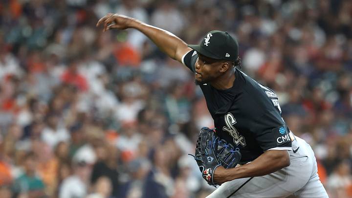 Sep 30, 2026; Houston, Texas, USA;  Chicago White Sox pitcher Huascar Brazoban (50) throws a pitch against the Houston Astros in the fifth inning during game two of the Wildcard round for the 2026 MLB Playoffs at Daikin Park.  Mandatory Credit: Troy Taormina-Imagn Images