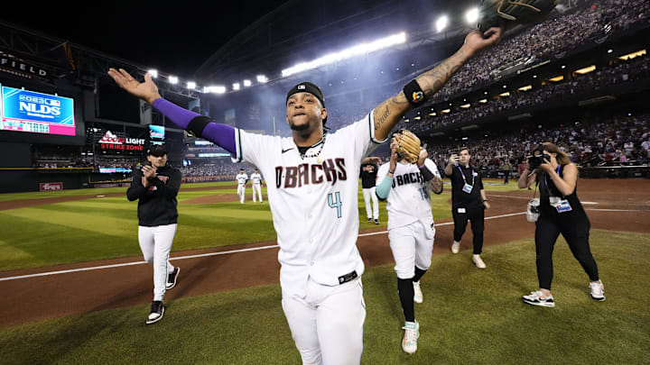Arizona Diamondbacks second baseman Ketel Marte (4) celebrates after sweeping the Los Angeles Dodgers 3-0 to win the NLDS at Chase Field in Phoenix on Oct. 11, 2023. Arizona Diamondbacks second baseman Ketel Marte (4) celebrates after sweeping the Los Angeles Dodgers 3-0 to win the NLDS at Chase Field in Phoenix on Oct. 11, 2023.