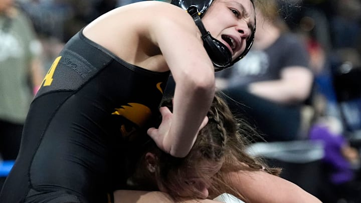 Iowa’s Emily Frost wrestles Team Nazar Training Center’s Madilyn Peach in a 131-pound match during the Soldier Salute wrestling tournament on Sunday, Dec. 29, 2024, at Xtream Arena in Coralville, Iowa. Iowa’s Emily Frost wrestles Team Nazar Training Center’s Madilyn Peach in a 131-pound match during the Soldier Salute wrestling tournament on Sunday, Dec. 29, 2024, at Xtream Arena in Coralville, Iowa.