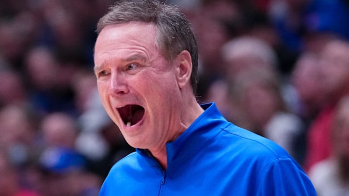 Dec 22, 2025; Lawrence, Kansas, USA; Kansas Jayhawks head coach Bill Self reacts to a call against the Davidson Wildcats during the first half of the game at Allen Fieldhouse. Mandatory Credit: Denny Medley-Imagn Images