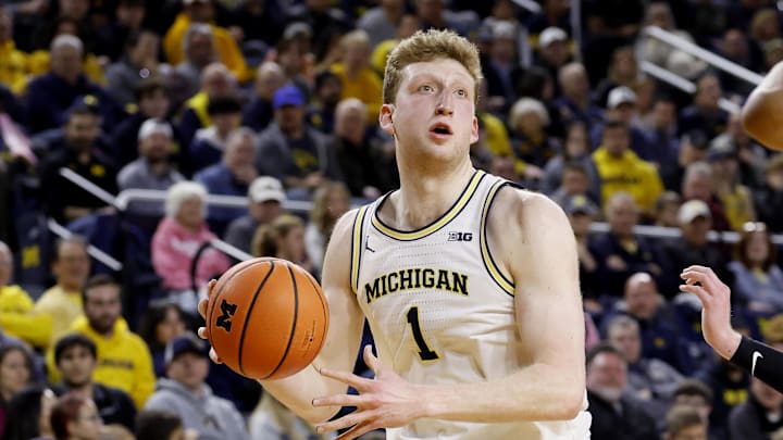 Feb 11, 2025; Ann Arbor, Michigan, USA;  Michigan Wolverines center Danny Wolf (1) dribbles in the first half against the Purdue Boilermakers at Crisler Center. Mandatory Credit: Rick Osentoski-Imagn Images