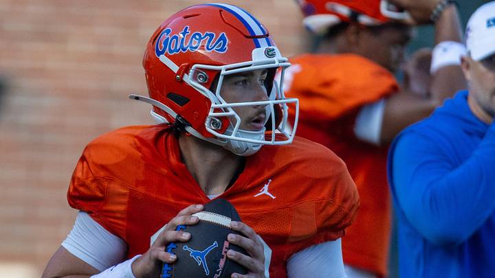 Florida quarterback Aaron Philo (12) throws during Florida Football Fall camp practice availability at Heavener Football Training Center in Gainesville, FL on Friday, August 7, 2026. [Alan Youngblood/Gainesville Sun]