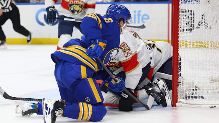 Jan 12, 2026; Buffalo, New York, USA;  Buffalo Sabres left wing Zach Benson (6) scores a goal on Florida Panthers goaltender Sergei Bobrovsky (72) during the second period at KeyBank Center. Mandatory Credit: Timothy T. Ludwig-Imagn Images