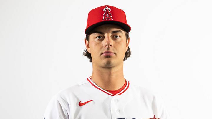 Feb 18, 2026; Tempe, AZ, USA; Los Angeles Angels pitcher Tyler Bremner poses for a portrait during photo day at Tempe Diablo Stadium.  Mandatory Credit: Mark J. Rebilas-Imagn Images