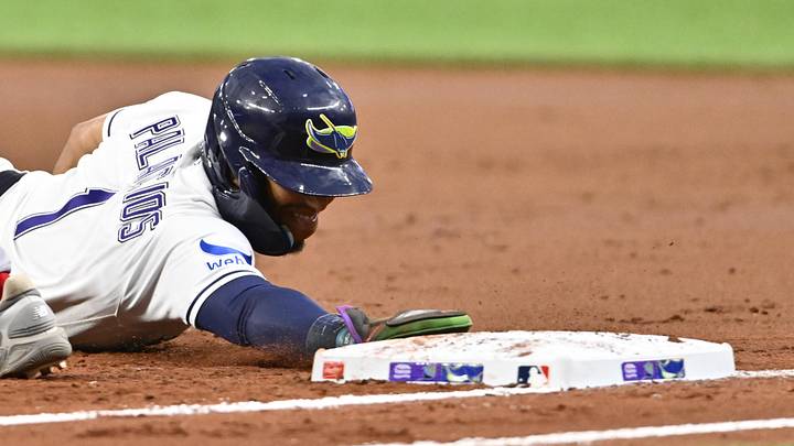 May 29, 2026: Tampa Bay Rays second baseman Richie Palacios (1) slides to first base during the second inning against Los Angeles Angels at Tropicana Field. 