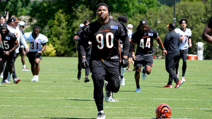 Bengals rookie defensive tackle Kris Jenkins Jr. warms up during OTAs Tuesday, May 28, 2024 at the Kettering Health Practice Fields outside of Paycor Stadium.