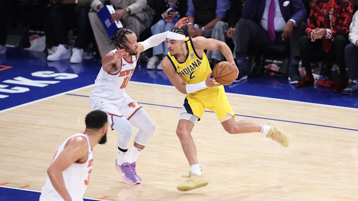 May 21, 2025; New York, New York, USA; Indiana Pacers guard Andrew Nembhard (2) controls the ball against New York Knicks guard Jalen Brunson (11) in the second half during game one of the eastern conference finals for the 2025 NBA Playoffs at Madison Square Garden. Mandatory Credit: Wendell Cruz-Imagn Images