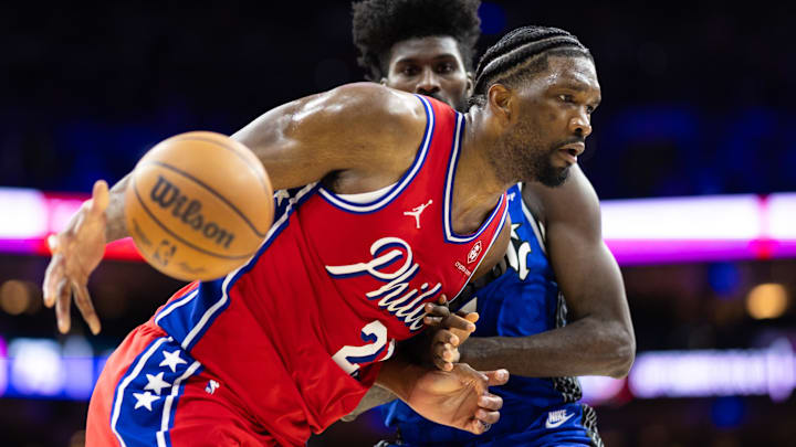 Apr 12, 2024; Philadelphia, Pennsylvania, USA; Philadelphia 76ers center Joel Embiid (21) drives to the rim against Orlando. 