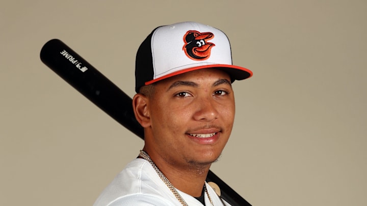Baltimore Orioles catcher Samuel Basallo (89) poses for a photo during photo day at Ed Smith Stadium on Feb. 21.