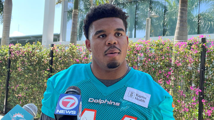 Edge rusher Chop Robinson, the Dolphins' first-round draft pick, meets with reporters on May 10, 2024.