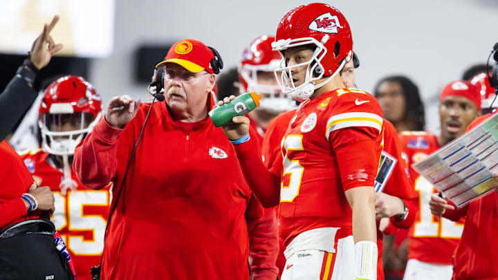 Kansas City Chiefs head coach Andy Reid with quarterback Patrick Mahomes (15) against the San Francisco 49ers during Super Bowl LVIII at Allegiant Stadium.