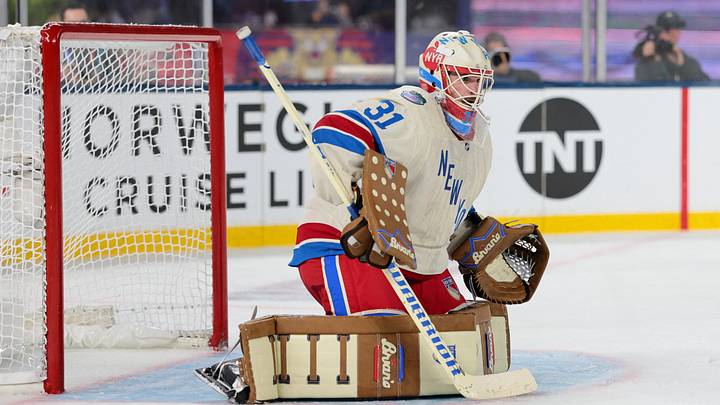 Jan 2, 2026; Miami, Florida, USA; New York Rangers goaltender Igor Shesterkin (31) defends the net against the Florida Panthers during the second period in the 2026 Winter Classic ice hockey game at loanDepot Park. Mandatory Credit: Sam Navarro-Imagn Images