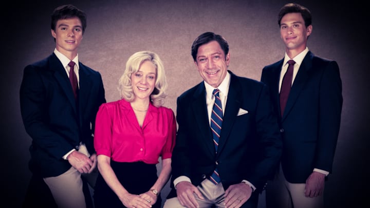 Monsters: The Lyle And Erik Menendez Story. (L to R) Nicholas Chavez as Lyle Menendez, Chloë Sevigny as Kitty Menendez, Javier Bardem as Jose Menendez, Cooper Koch as Erik Menendez in Monsters: The Lyle And Erik Menendez Story. Cr. Courtesy Of Netflix © 2024