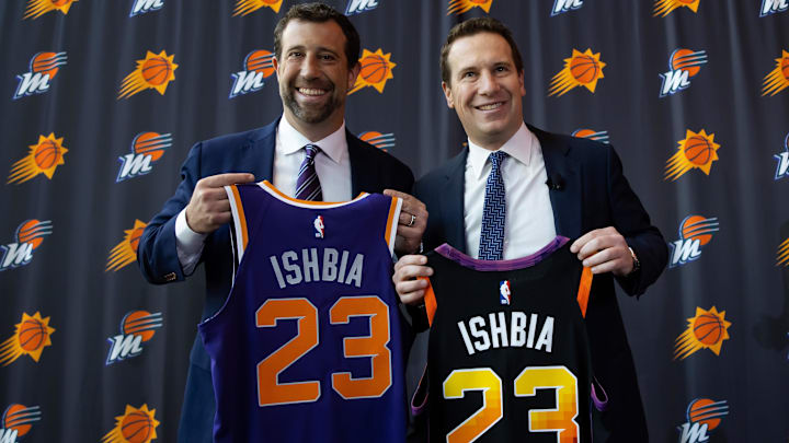 Feb 8, 2023; Phoenix, AZ, USA; Phoenix Suns owner Mat Ishbia (right) and brother Justin Ishbia pose for a photo during an introductory press conference at Footprint Center.