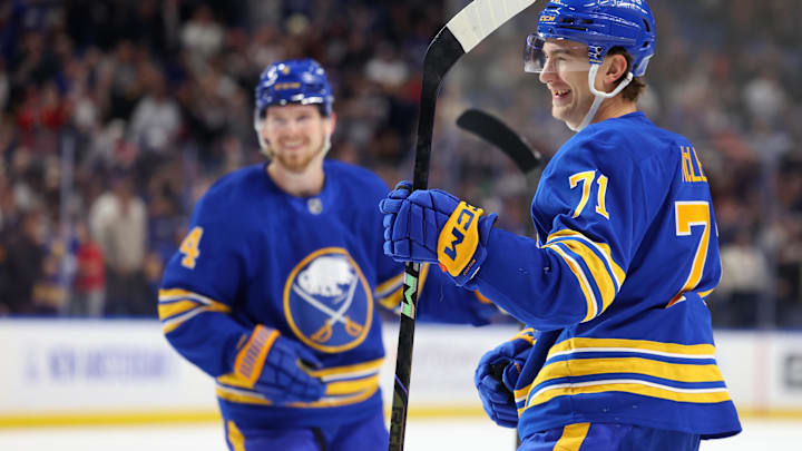 Oct 28, 2025; Buffalo, New York, USA;  Buffalo Sabres center Ryan McLeod (71) reacts after scoring a goal during the second period against the Columbus Blue Jackets at KeyBank Center. Mandatory Credit: Timothy T. Ludwig-Imagn Images Oct 28, 2025; Buffalo, New York, USA;  Buffalo Sabres center Ryan McLeod (71) reacts after scoring a goal during the second period against the Columbus Blue Jackets at KeyBank Center. Mandatory Credit: Timothy T. Ludwig-Imagn Images
