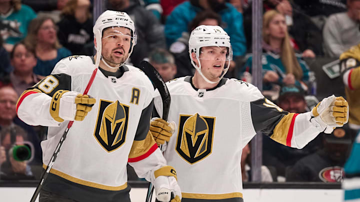 Jan 11, 2026; San Jose, California, USA; Vegas Golden Knights right wing Pavel Dorofeyev (16) reacts with center Tomas Hertl (48) after scoring a goal against the San Jose Sharks during the first period at SAP Center at San Jose. Mandatory Credit: Robert Edwards-Imagn Images