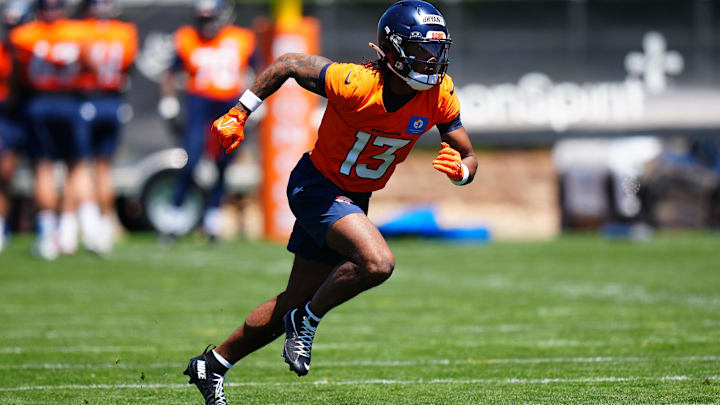 May 10, 2025; Englewood, CO, USA; Denver Broncos wide receiver Pat Bryant (13) during rookie minicamp at Broncos Park Powered by CommonSpirit. Mandatory Credit: Ron Chenoy-Imagn Images