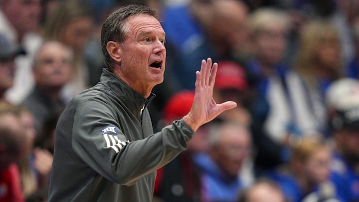 Oct 28, 2025; Lawrence, KS, USA; Kansas Jayhawks head coach Bill Self reacts during the first half against the Fort Hays State Tigers at Allen Fieldhouse. Mandatory Credit: Jay Biggerstaff-Imagn Images Oct 28, 2025; Lawrence, KS, USA; Kansas Jayhawks head coach Bill Self reacts during the first half against the Fort Hays State Tigers at Allen Fieldhouse. Mandatory Credit: Jay Biggerstaff-Imagn Images