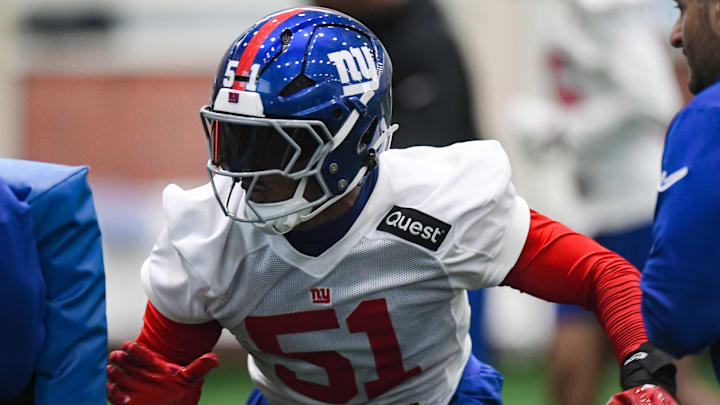 May 9, 2025; East Rutherford, NJ, USA; New York Giants linebacker Abdul Carter (51) participates in a drill during rookie minicamp at Quest Diagnostics Training Center. Mandatory Credit: John Jones-Imagn Images