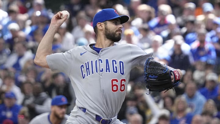 May 4, 2025; Milwaukee, Wisconsin, USA; Chicago Cubs pitcher Julian Merryweather (66) delivers a pitch against the Milwaukee Brewers in the sixth inning at American Family Field. Mandatory Credit: Michael McLoone-Imagn Images