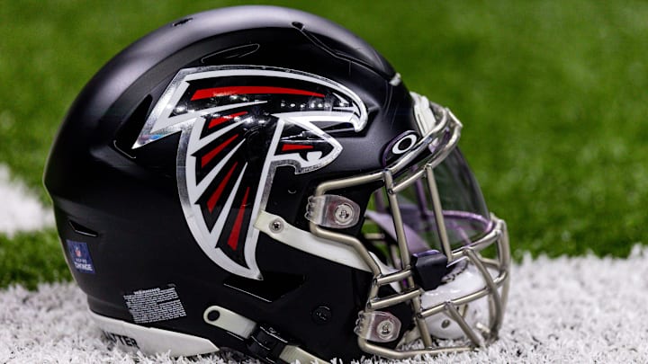 Dec 18, 2022; New Orleans, Louisiana, USA;  General view of a Atlanta Falcons helmet during warm ups against the New Orleans Saints at Caesars Superdome. Mandatory Credit: Stephen Lew-Imagn Images
