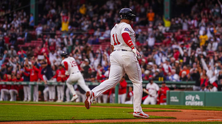 Jun 10, 2025; Boston, Massachusetts, USA; Boston Red Sox odesignated hitter Rafael Devers (11) scores as utfielder Roman Anthony (19) hits a double to drive in two runs against the Tampa Bay Rays in the first inning at Fenway Park. Mandatory Credit: David Butler II-Imagn Images Jun 10, 2025; Boston, Massachusetts, USA; Boston Red Sox odesignated hitter Rafael Devers (11) scores as utfielder Roman Anthony (19) hits a double to drive in two runs against the Tampa Bay Rays in the first inning at Fenway Park. Mandatory Credit: David Butler II-Imagn Images
