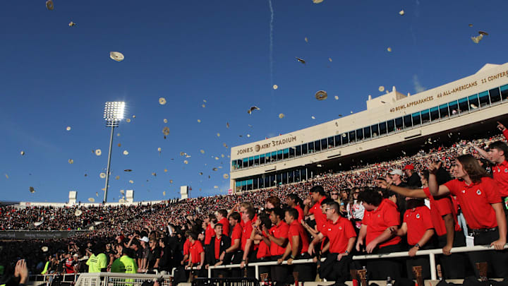 Oct 14, 2023; Lubbock, Texas, USA; The Texas Tech Red Raiders student body throw tortillas at the kickoff in the game between the Texas Tech Red Raiders and the  Kansas State Wildcats at Jones AT&T Stadium and Cody Campbell Field. Mandatory Credit: Michael C. Johnson-Imagn Images