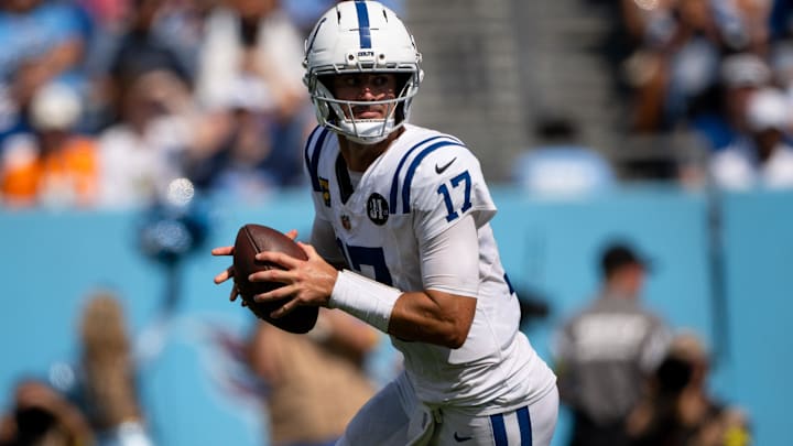 Sep 21, 2025; Nashville, Tennessee, USA;  Indianapolis Colts quarterback Daniel Jones (17) against the Tennessee Titans during the second half at Nissan Stadium. Mandatory Credit: Steve Roberts-Imagn Images