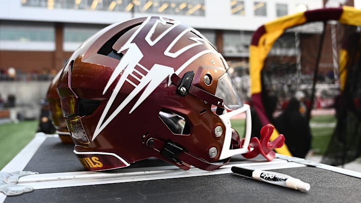 Nov 12, 2022; Pullman, Washington, USA; Arizona State Sun Devils helmet sits during a game against the Washington State Cougars in the second half at Gesa Field at Martin Stadium. Mandatory Credit: James Snook-Imagn Images