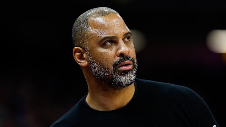 Dec 21, 2025; Sacramento, California, USA; Houston Rockets head coach Ime Udoka looks on during the second quarter against the Sacramento Kings at Golden 1 Center. Mandatory Credit: Sergio Estrada-Imagn Images