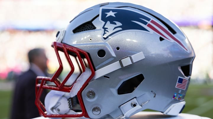 Feb 8, 2026; Santa Clara, CA, USA; Detailed view of a New England Patriots helmet during Super Bowl LX at Levi's Stadium. Mandatory Credit: Mark J. Rebilas-Imagn Images