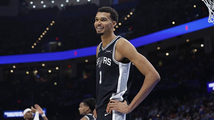 Dec 25, 2025; Oklahoma City, Oklahoma, USA; San Antonio Spurs forward Victor Wembanyama (1) smiles after a play against the Oklahoma City Thunder during the second half at Paycom Center. Mandatory Credit: Alonzo Adams-Imagn Images