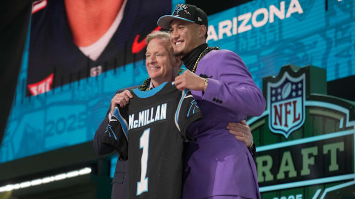 NFL Commissoner Rodger Goodell and Carolina Panthers wide receiver Tetairoa McMillan.