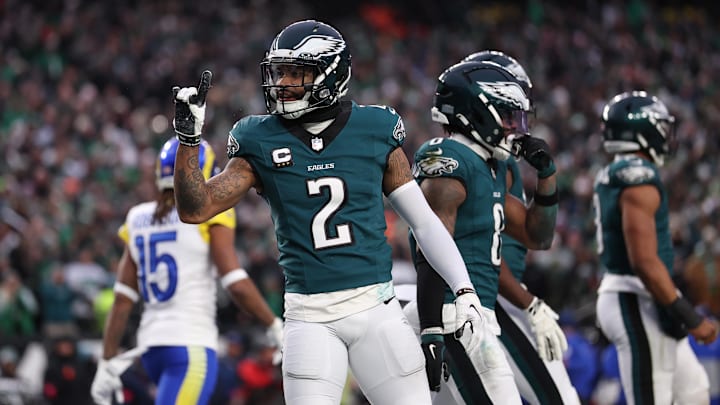 Jan 19, 2025; Philadelphia, Pennsylvania, USA; Philadelphia Eagles cornerback Darius Slay Jr. (2) reacts after breaking up a touchdown pass in the first quarter against the Los Angeles Rams in a 2025 NFC divisional round game at Lincoln Financial Field. Mandatory Credit: Bill Streicher-Imagn Images Jan 19, 2025; Philadelphia, Pennsylvania, USA; Philadelphia Eagles cornerback Darius Slay Jr. (2) reacts after breaking up a touchdown pass in the first quarter against the Los Angeles Rams in a 2025 NFC divisional round game at Lincoln Financial Field. Mandatory Credit: Bill Streicher-Imagn Images
