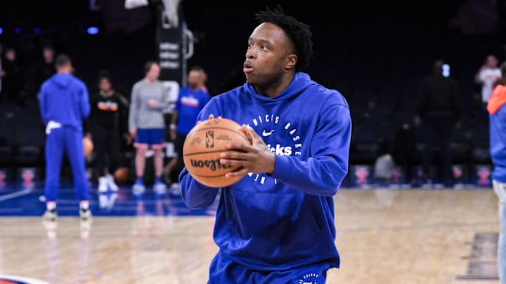 Apr 1, 2025; New York, New York, USA; New York Knicks forward OG Anunoby (8) warms up before a game against the Philadelphia 76ers at Madison Square Garden. Mandatory Credit: John Jones-Imagn Images