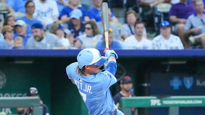 Jul 26, 2025; Kansas City, Missouri, USA; Kansas City Royals shortstop Bobby Witt Jr. (7) hits a two run home run