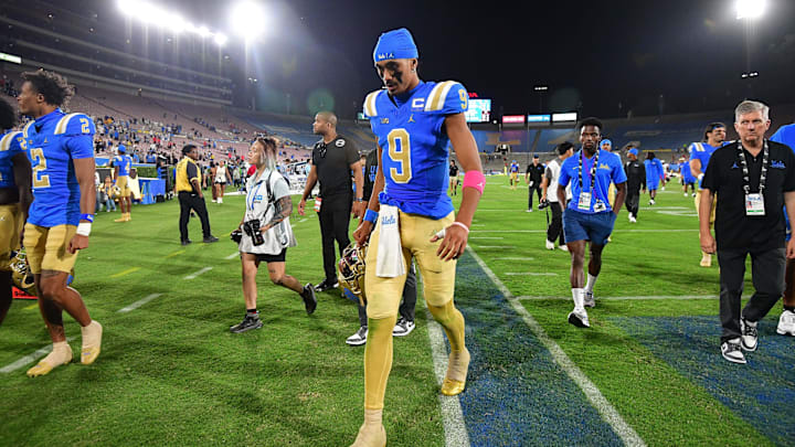 Aug 30, 2025; Pasadena, California, USA; UCLA Bruins quarterback Nico Iamaleava (9) leaves the field following the loss aganst the Utah Utes at Rose Bowl. Mandatory Credit: Gary A. Vasquez-Imagn Images