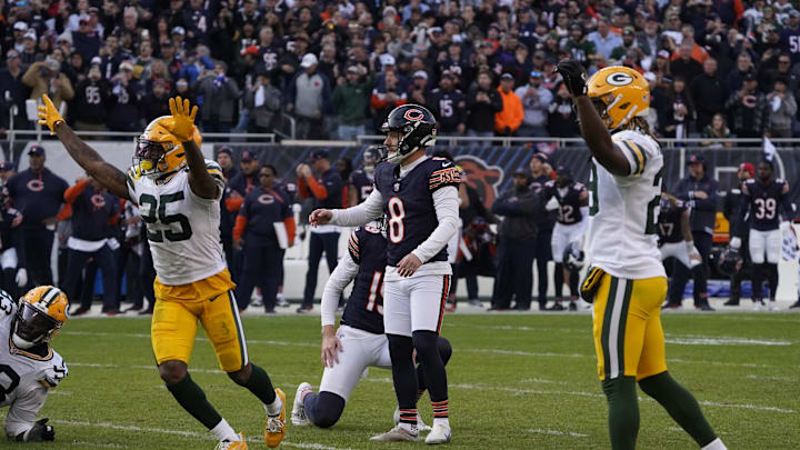 The Green Bay Packers celebrate after blocking Cairo Santos' field goal in the victory over the Bears in November.