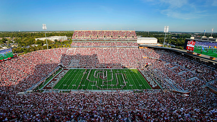 An aerial view of Gaylord Family-Oklahoma Memorial Stadium, home of the Oklahoma Sooners football program. OU will celebrate the 100-year anniversary of the stadium during the 2024 season.