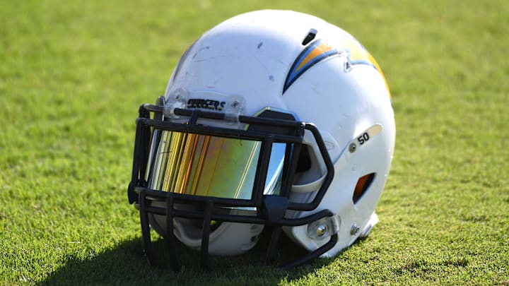 Nov 9, 2017; Costa Mesa, CA, USA; General overall view of Los Angeles Chargers helmet of linebacker Charmeachealle Moore during practice at the Hoag Performance Center. Mandatory Credit: Kirby Lee-Imagn Images