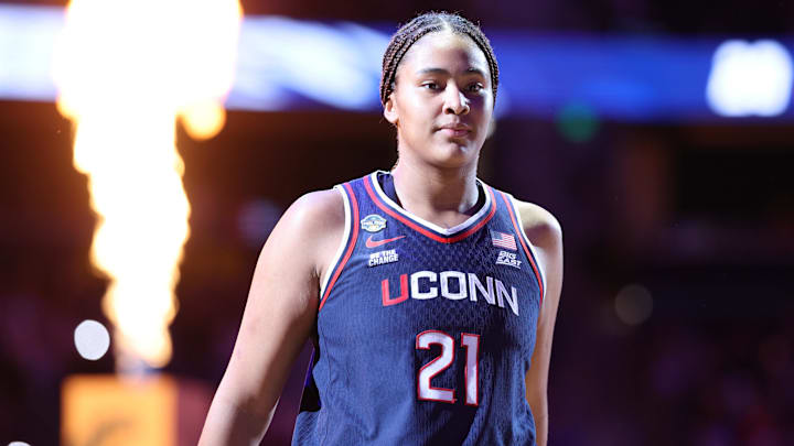 Apr 4, 2025; Tampa, FL, USA;  Connecticut Huskies forward Sarah Strong (21) is introduced prior to the first quarter in a semifinal of the women's 2025 NCAA tournament against the UCLA Bruins at Amalie Arena. Mandatory Credit: Nathan Ray Seebeck-Imagn Images