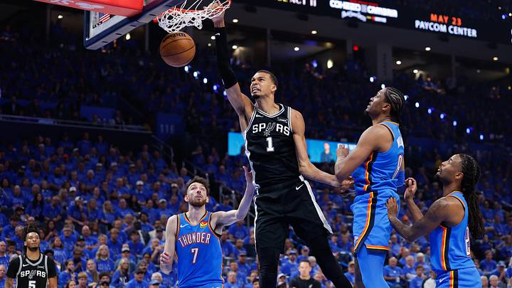 May 18, 2026; Oklahoma City, Oklahoma, USA; San Antonio Spurs center Victor Wembanyama (1) dunks the ball in the second quarter against the Oklahoma City Thunder during game one of the western conference finals for the 2026 NBA playoffs at Paycom Center. Mandatory Credit: Alonzo Adams-Imagn Images May 18, 2026; Oklahoma City, Oklahoma, USA; San Antonio Spurs center Victor Wembanyama (1) dunks the ball in the second quarter against the Oklahoma City Thunder during game one of the western conference finals for the 2026 NBA playoffs at Paycom Center. Mandatory Credit: Alonzo Adams-Imagn Images