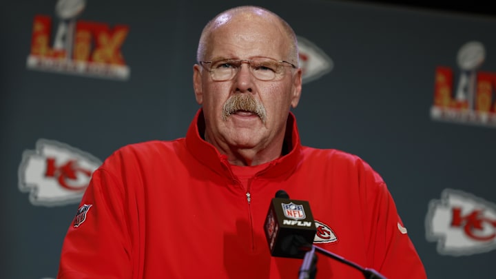 Feb 6, 2025; New Orleans, LA, USA; Kansas City Chiefs head coach Andy Reid during a press conference in advance of Super Bowl LIX at New Orleans Marriott. Mandatory Credit: Stephen Lew-Imagn Images Feb 6, 2025; New Orleans, LA, USA; Kansas City Chiefs head coach Andy Reid during a press conference in advance of Super Bowl LIX at New Orleans Marriott. Mandatory Credit: Stephen Lew-Imagn Images