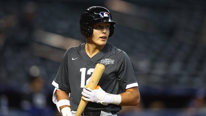 MLB draft prospect Jack Bell during a high school baseball game at the MLB Draft Combine at Chase Field.
