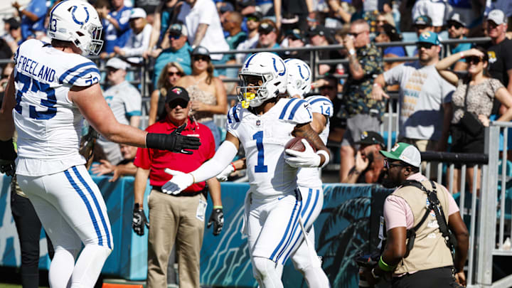 Oct 15, 2023; Jacksonville, Florida, USA; Indianapolis Colts wide receiver Josh Downs (1) and tackle