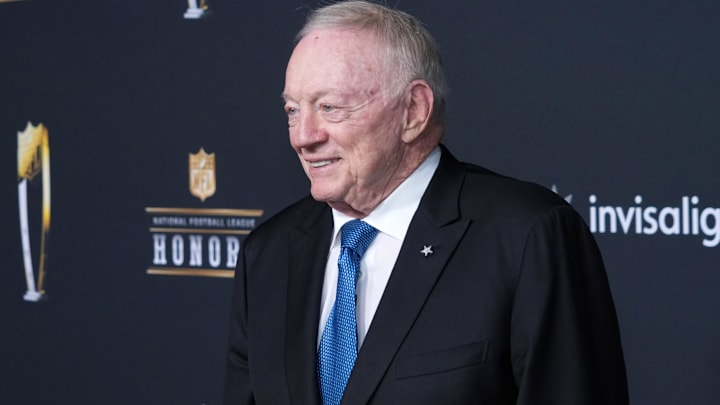 Dallas Cowboys owner Jerry Jones poses on the NFL Honors Red Carpet before Super Bowl LX at the Palace of Fine Arts.