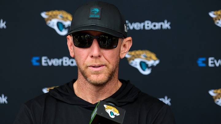 Aug 3, 2026; Jacksonville, FL, USA; Jacksonville Jaguars head coach Liam Coen talks to media after training camp at Miller Electric Center. Mandatory Credit: Nathan Ray Seebeck-Imagn Images