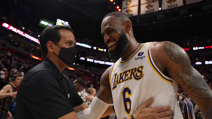 Jan 23, 2022; Miami, Florida, USA; Miami Heat head coach Erik Spoelstra (L) shakes hands with Los Angeles Lakers forward LeBron James (6) after the Miami Heat defeated the Los Angeles Lakers at FTX Arena. Mandatory Credit: Jasen Vinlove-Imagn Images
