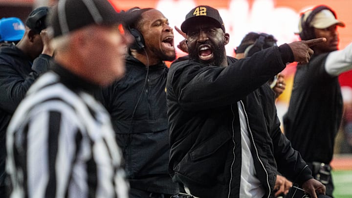Nov 2, 2024; Lincoln, Nebraska, USA; UCLA Bruins head coach DeShaun Foster yells towards an official against the Nebraska Cornhuskers during the fourth quarter at Memorial Stadium. Mandatory Credit: Dylan Widger-Imagn Images